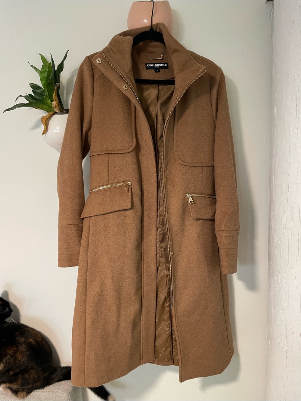 Karl Lagerfeld Camel Wool-Blend Longline Trench Coat